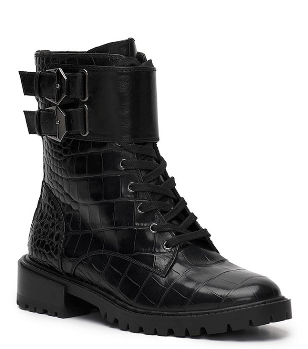 Vince Camuto Fawdry Combat Boots 5 Black NWOT Croc Lace Up Moto Ankle Booties
